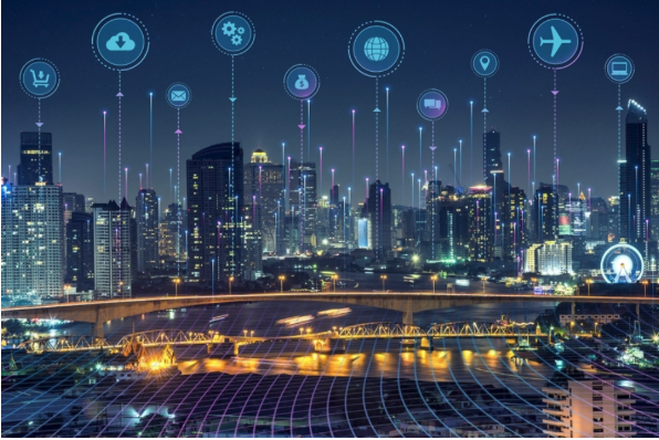 Digital smart city with technology icons representing PropTech innovations