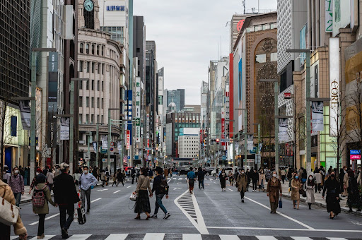 Busy pedestrian street in a modern Asian city